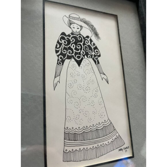Vtg 1970's Detroit Artist Mary Ewald Pen And Ink Art Female Elegantly Dressed - Picture 3 of 6